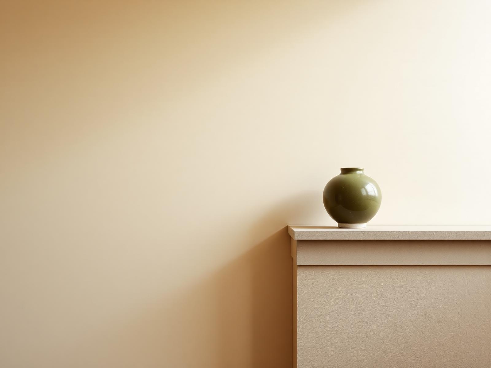Olive ceramic vessel on a stone ledge in soft daylight